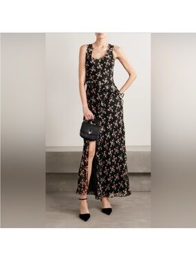 LoveShackFancy Black Maxi Dress with Pink Floral Print